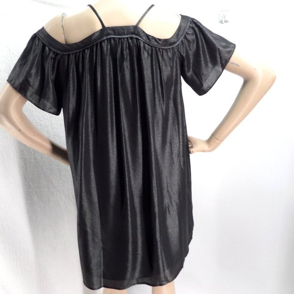 "LOFT" BLACK SHIMMER COLD SHOULDER SWING TRAPEZE MINI METALLIC DRESS SZE: MP NWT - Picture 6 of 6